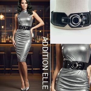 Addition Elle🎀Black Leather High Waist Stretchy Belt with Silver Ring Buckle
